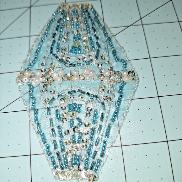 Bead and sequin applique aqua silver faux pearl set of 2 - Picture 2 of 4